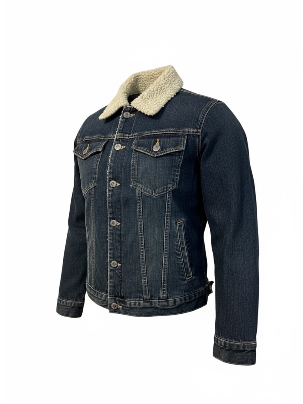 Guess Medium Dark Blue Wash Denim Jacket with Cream Sherpa-Lined